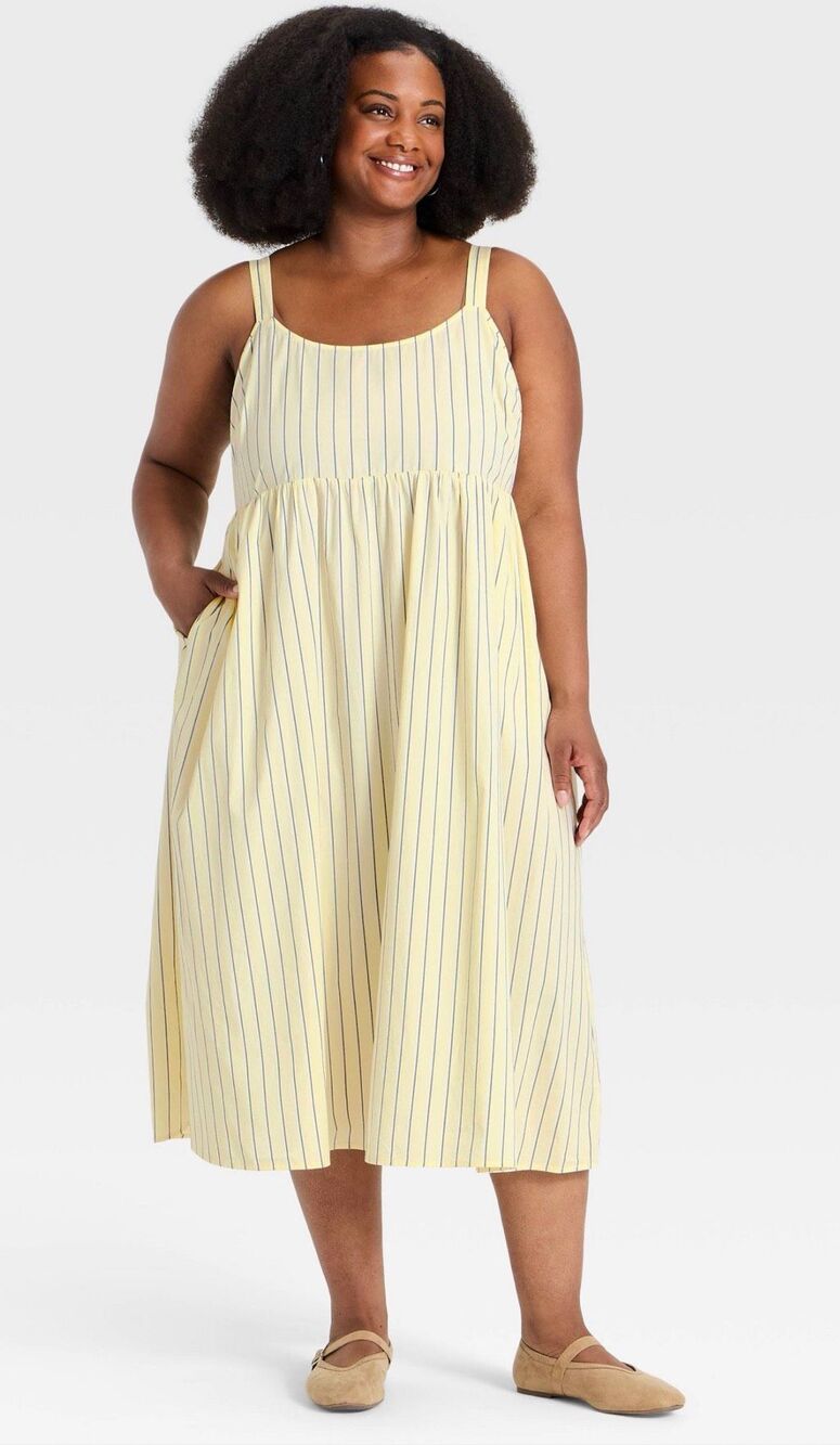 Ava & Viv Yellow Pinstripe Empire Waist Square Neck Dress Size 1X NWT